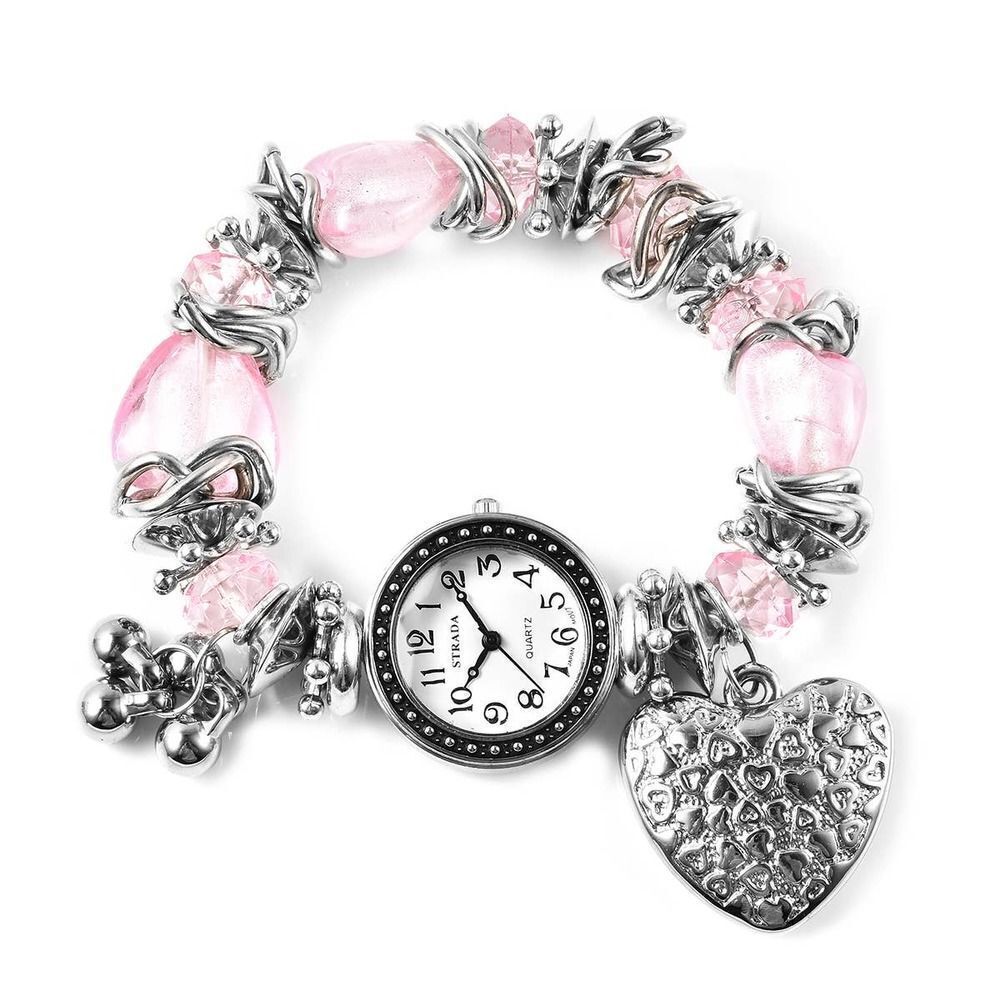 STRADA Pink Murano Style, Chroma  Multi Charm Bracelet Watch (6-6.50 In)